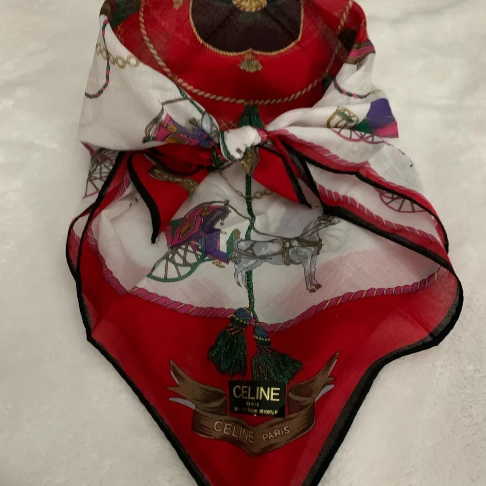 Celine Elegant Red and White Scarf/Hankerchief with Horse Carriage Design - Picture 3 of 8